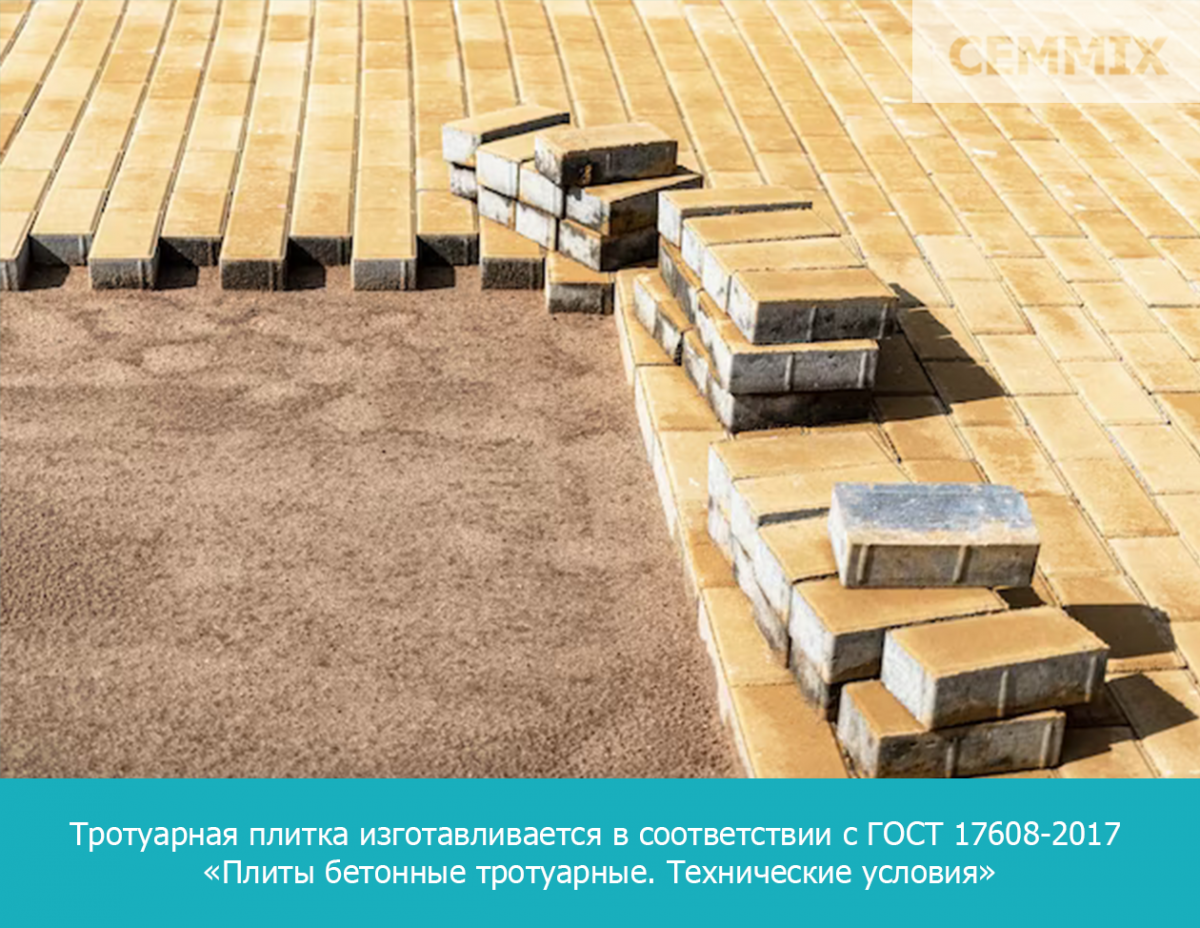 Тротуарная плитка изготавливается в соответствии с ГОСТ 17608-2017 «Плиты бетонные тротуарные. Технические условия»